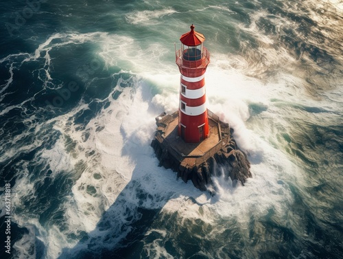 Lighthouse on small island in the sea at sunny day in summer. Aerial top view of beautiful lighthouse on the rock, clear azure water photo