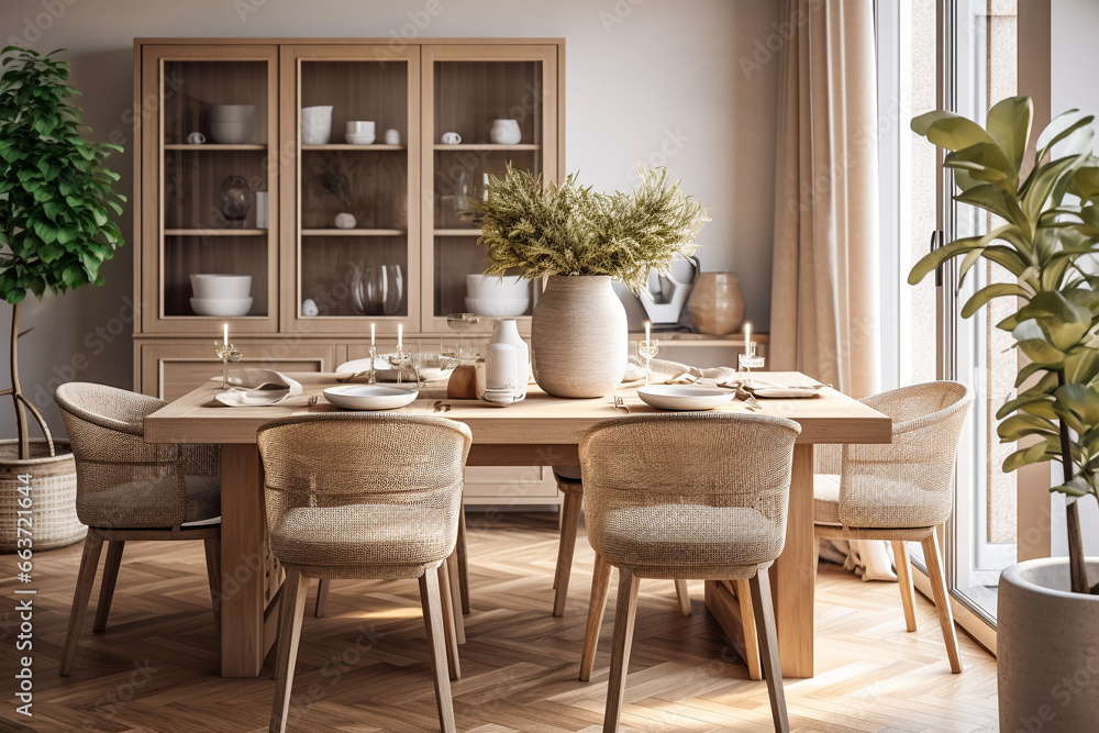 Fototapeta premium Modern kitchen interior design. Minimalistic style with wooden texture