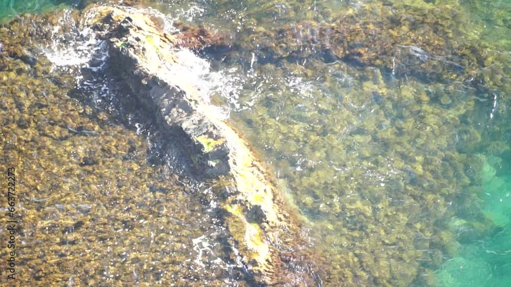 Aerial view on calm azure sea and volcanic rocky shores. Small waves on water surface. Nature summer ocean sea beach view. Nobody. Holiday, vacation and travel concept. Weather and climate change Aerial view on calm azure sea and volcanic rocky shores. Small waves on water surface. Nature summer ocean sea beach view. Nobody. Holiday, vacation and travel concept. Weather and climate change