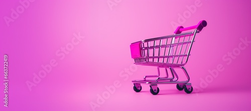 Generative AI, Viva magenta color shopping cart on magenta pink background, minimalistic shop online, free delivery, discounts and sale concept. 