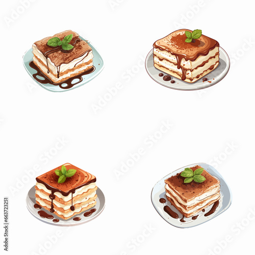 set of tiramisu watercolor illustrations for printing on baby clothes, pattern, sticker, postcards, print, fabric, and books
