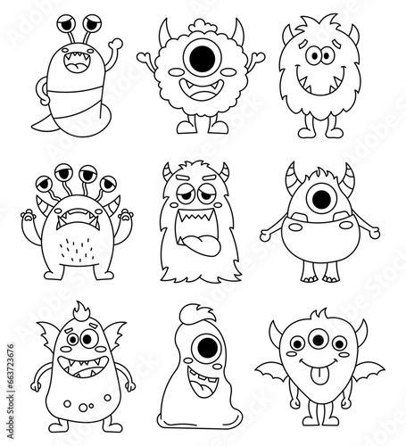 Funny cartoon monster character. Coloring Page. Cute monsters for halloween. Happy creature or alien. Hand drawn style. Vector drawing. Collection of design elements.