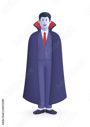 Vampire or dracula character wearing costume with cape. Halloween concept. 3d vector people character illustration. Cartoon minimal style.