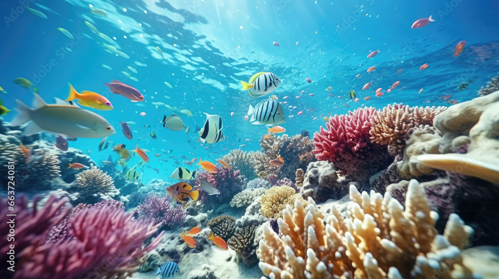 Obraz premium underwater world, coral reef, tropical fish, vacation, diving, travel, island, coastline, ocean, sea, snorkeling, clear blue water, bay, summer, nature, marine, sun, light, landscape, view, floral