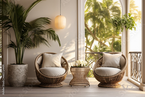 Modern balcony with tropical leaves. Classic interior design light pink and golden colors