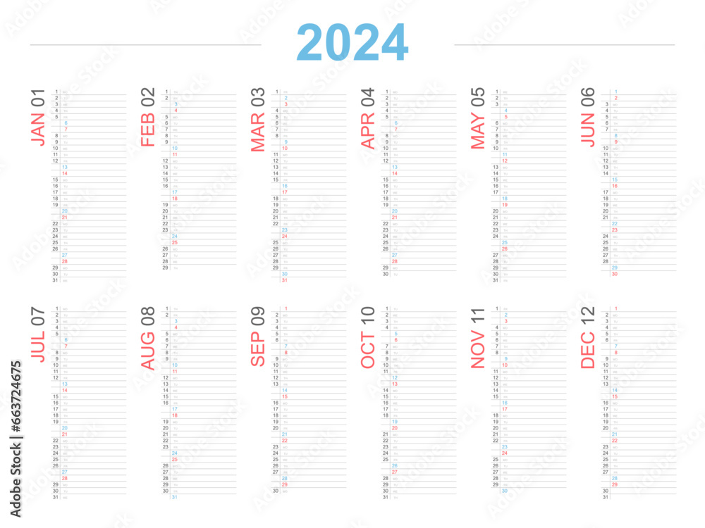 Calendar 2024 Vertical Design. 2024 Simple and clear calendar. A4 and