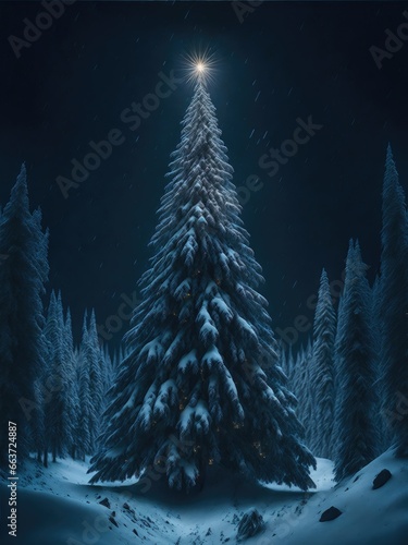 Christmas tree in the  snowy forest