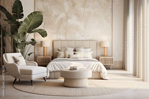 Modern bedroom with bed and tropical leaves. Classic interior design light pink and golden colors