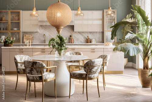 Modern kitchen with lapm and tropical leaves. Classic interior design light pink and golden colors photo