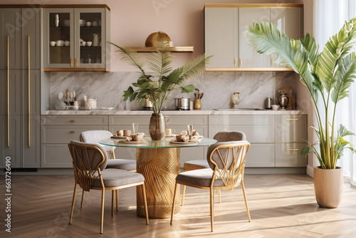 Modern kitchen with lapm and tropical leaves. Classic interior design light pink and golden colors