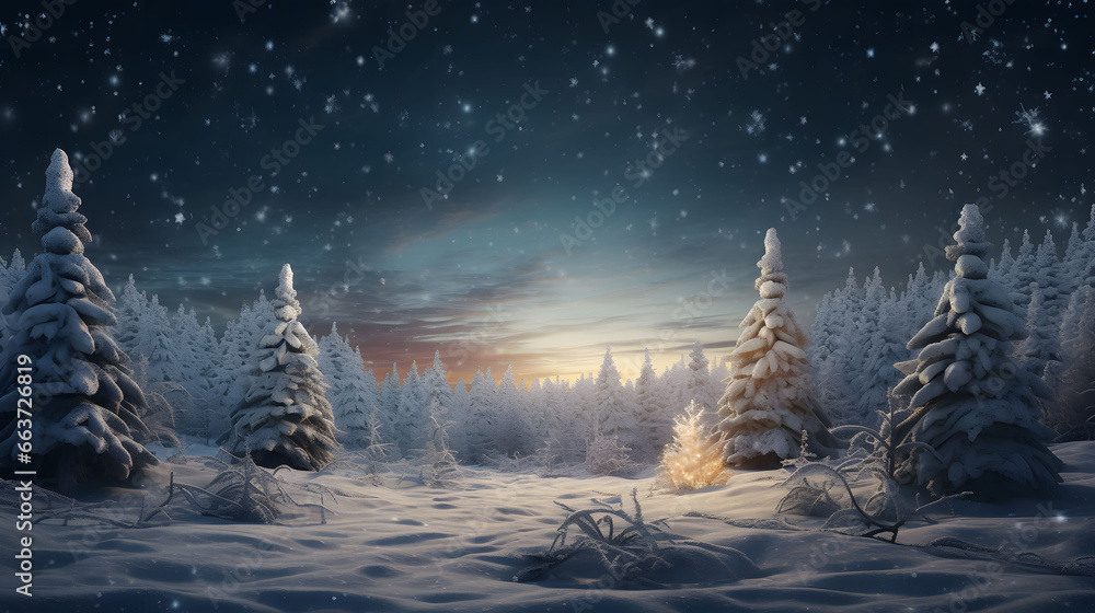 Winter landscape with fir trees and starry sky. 3d rendering