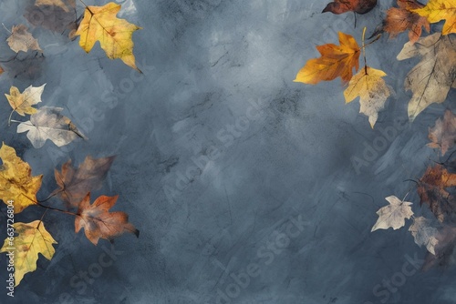 Festive wallpaper showcasing autumn leaves on a blue grey backdrop. A seasonal banner offers space for customization. Generative AI