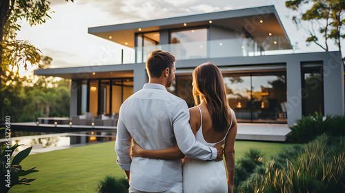 Back view of young couple standing in front of their new modern luxury villa. Real estate business concept.