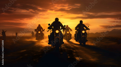 Motorcyclists on the road at sunset. 3D rendering.