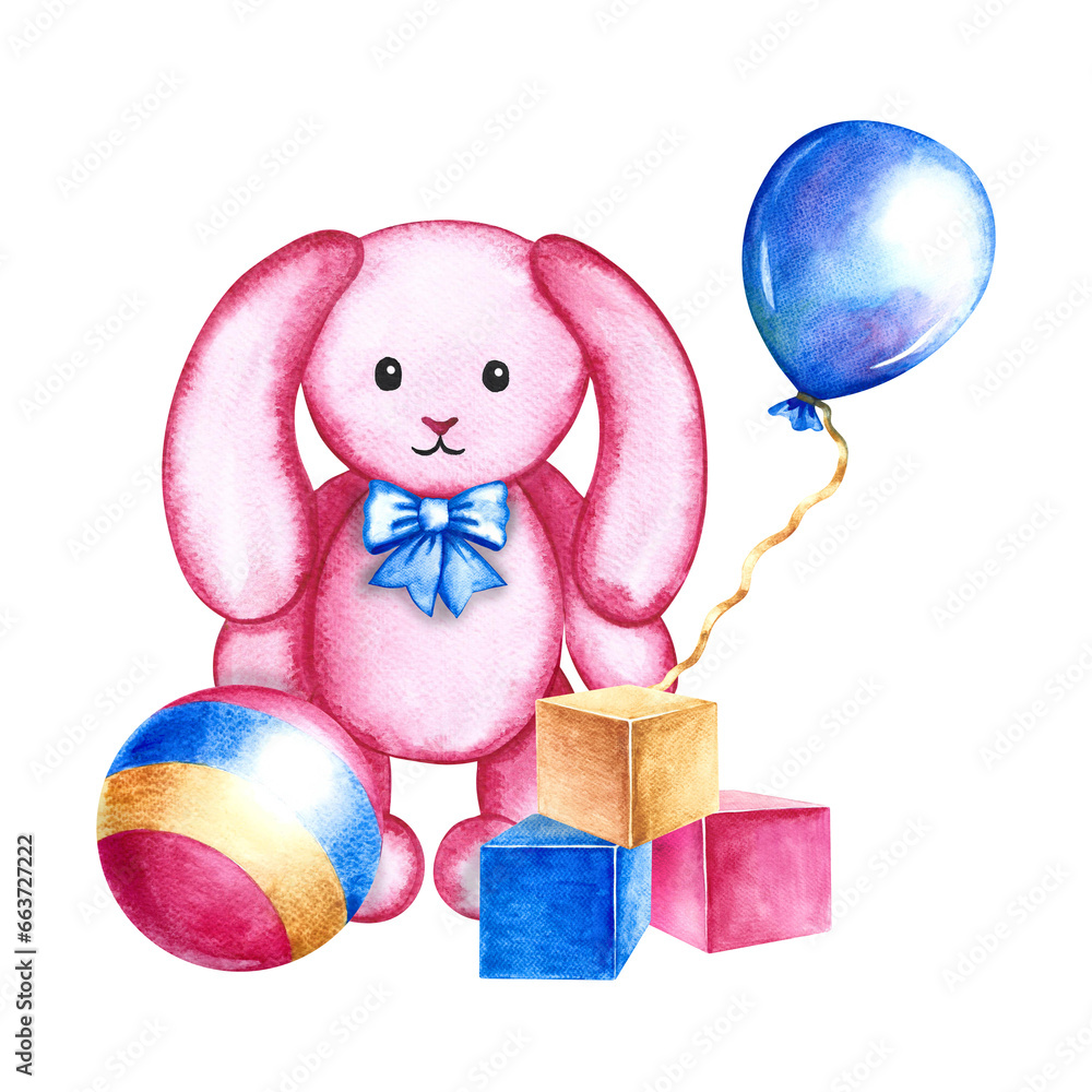 Naklejka premium Children's toys - a ball, cubes and a plush rabbit. Handmade watercolor illustration. For the design of children's books, postcards and flyers. For of packaging of children's goods, for greeting cards
