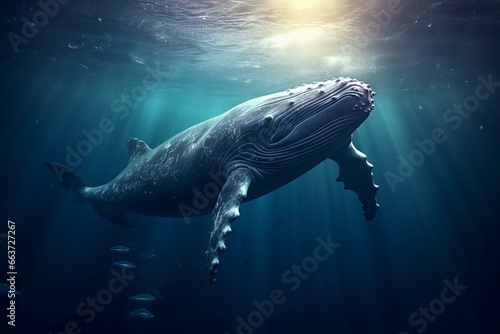 An underwater photograph capturing a magnificent whale in the ocean. Generative AI © Thessaly