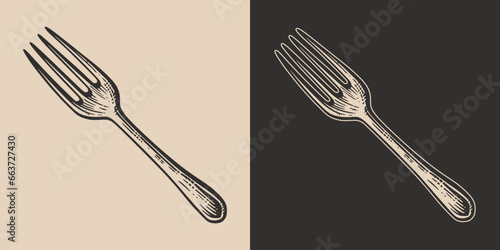 Set of vintage forks steel metal. Can be used for restaurant food menu emblem logo. Graphic Art. Vector. Hand drawn element in engraving