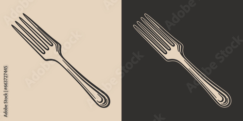 Set of vintage forks steel metal. Can be used for restaurant food menu emblem logo. Graphic Art. Vector. Hand drawn element in engraving