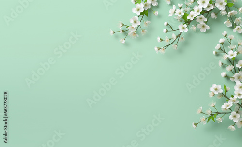 Elegant pale white flower branches on a luxurious pastel green background. Printing, greeting cards, wallpapers, banners 