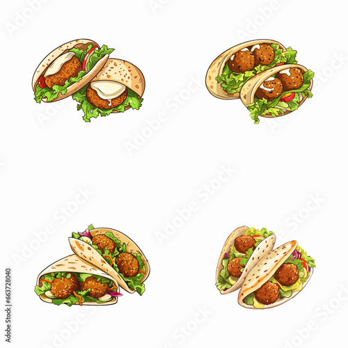 set of falafel watercolor illustrations for printing on baby clothes, pattern, sticker, postcards, print, fabric, and books