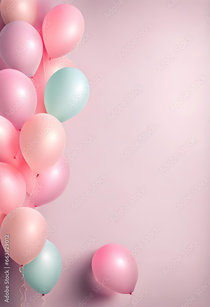 Lots of bright colorful pastel balloon decorations and space for text against colored cute background. Baby birth or birthday celebration background.