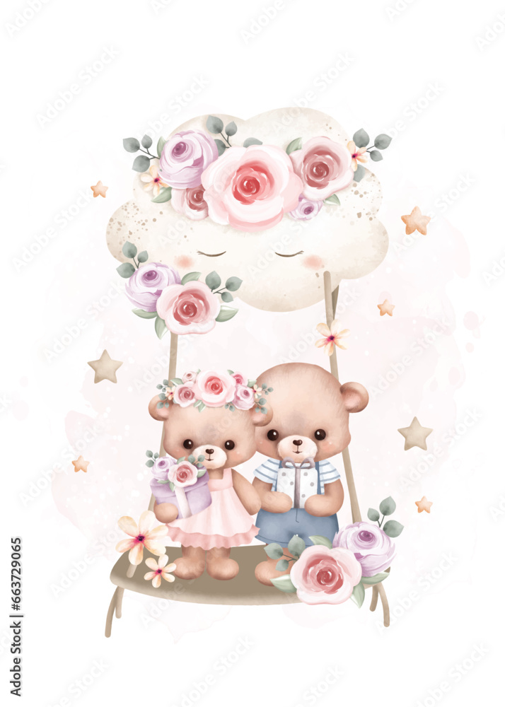 Watercolor illustration couple Teddy bear swings on cloud with stars Watercolor illustration couple Teddy bear swings on cloud with stars