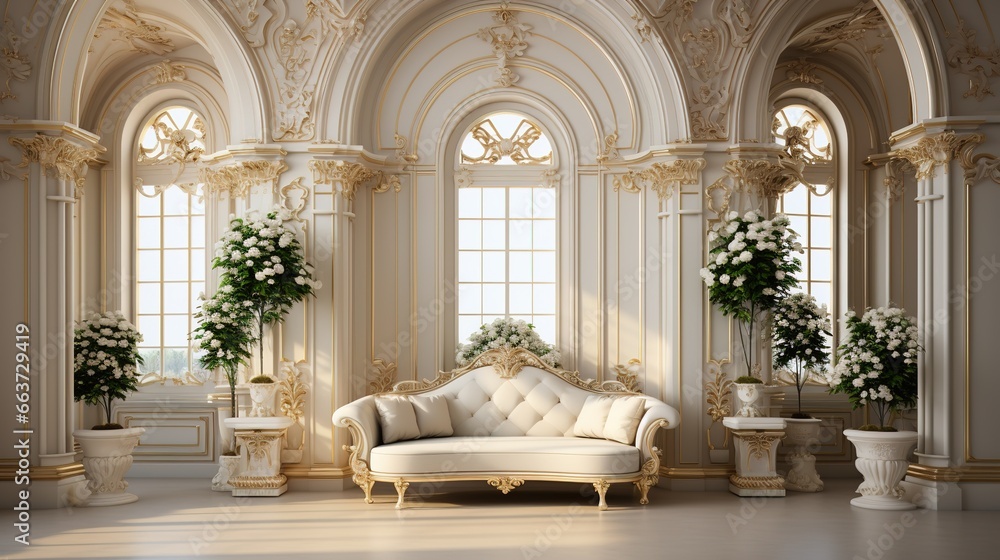 Empty hall interior with luxurious ornaments glitter of church or palace clean white tones with arches windows doors and beautiful.