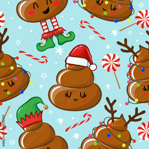Christmas Poop pattern design with several feces - funny hand drawn doodle, seamless pattern. Adorable Xmas characters. Hand drawn doodle set for kids. Good for textile, nursery, wallpaper.