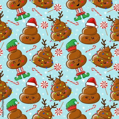 Christmas Poop pattern design with several feces - funny hand drawn doodle, seamless pattern. Adorable Xmas characters. Hand drawn doodle set for kids. Good for textile, nursery, wallpaper.