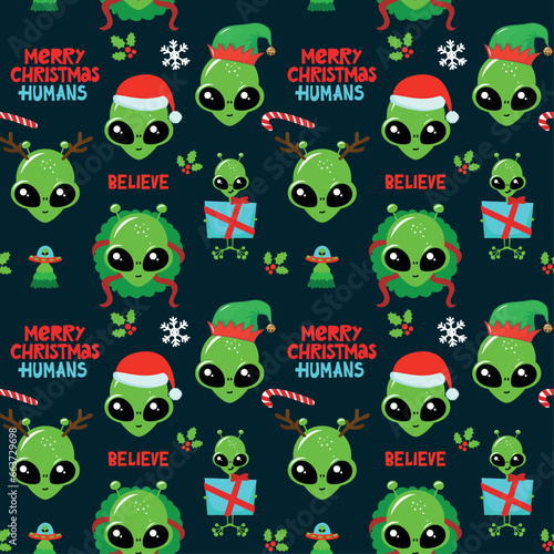 Merry Christmas humans - Cute green cartoon alien seamless pattern. Handwritten ufo quote, hand drawn doodle with funny character. Doodle design and lettering.