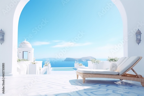 Beach mattresses or bunk chairs on the terrace of a modern house with a swimming pool with sea view and blue sky scene.