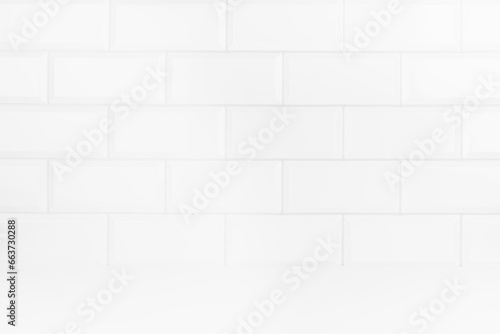 Elegant white abstract stage with white glossy ceramic rectangle tile wall, mockup abstract interior of bathroom, kitchen or scene for presentation, show, design in classic mediterranean style.