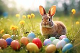 a bunny and colorful eggs on a grassy field. Generative AI