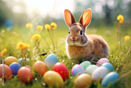 a bunny and colorful eggs on a grassy field. Generative AI © Corin