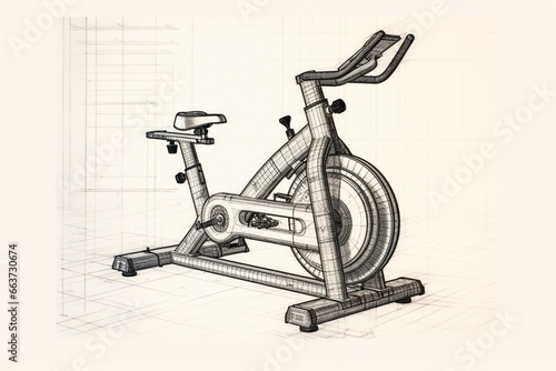 Drawing of a gym exercise bike with contour lines. Generative AI