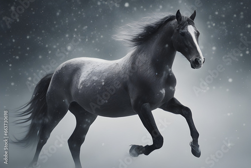 Dark bay horse run gallop in snow sunny day