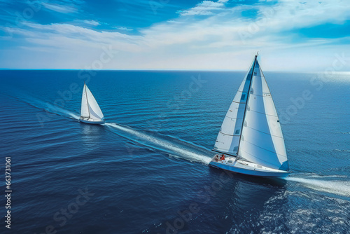 Sailing boat in light wind during regatta competition. Sailing boat aerial view from the side. Light wind blowing into the sails of a sailboat.