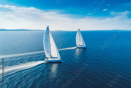 Sailing boat in light wind during regatta competition. Sailing boat aerial view from the side. Light wind blowing into the sails of a sailboat.
