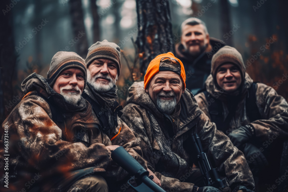 Group of hunters during hunting in forest. Group of men on a hunting expedition in the forest, wearing brown jackets and reflective gear. Group of hunters during hunting in forest. Group of men on a hunting expedition in the forest, wearing brown jackets and reflective gear.