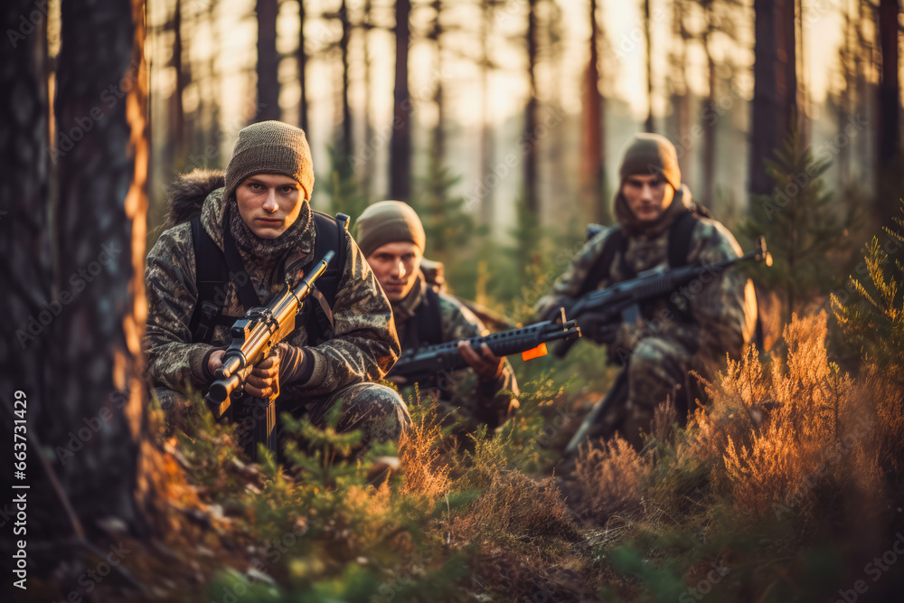 Group of hunters during hunting in forest. Group of men on a hunting expedition in the forest, wearing brown jackets and reflective gear. - obrazy, fototapety, plakaty 