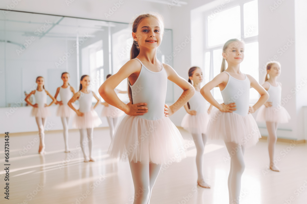Naklejka premium Group of little kids having a dance class. Group of adorable little girls in ballet dresses practicing ballet in a dance room.