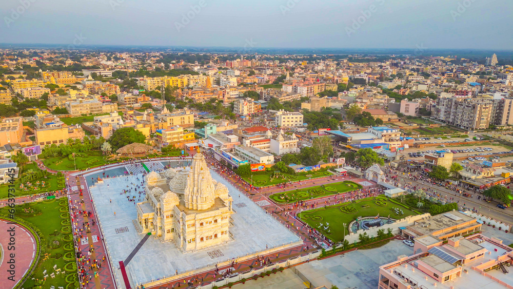 Prem Mandir aerial view from my dji mini 3pro drone, This Hindu temple in Vrindavan, Mathura, India. It is maintained by Jagadguru Kripalu Parishat,