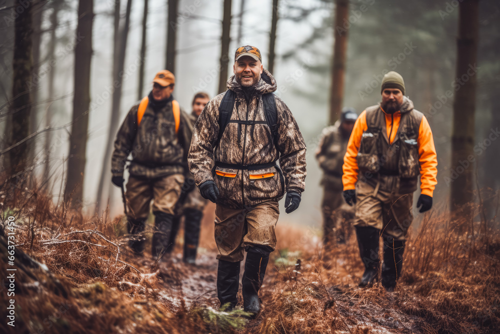Group of hunters during hunting in forest. Group of men on a hunting expedition in the forest, wearing brown jackets and reflective gear.