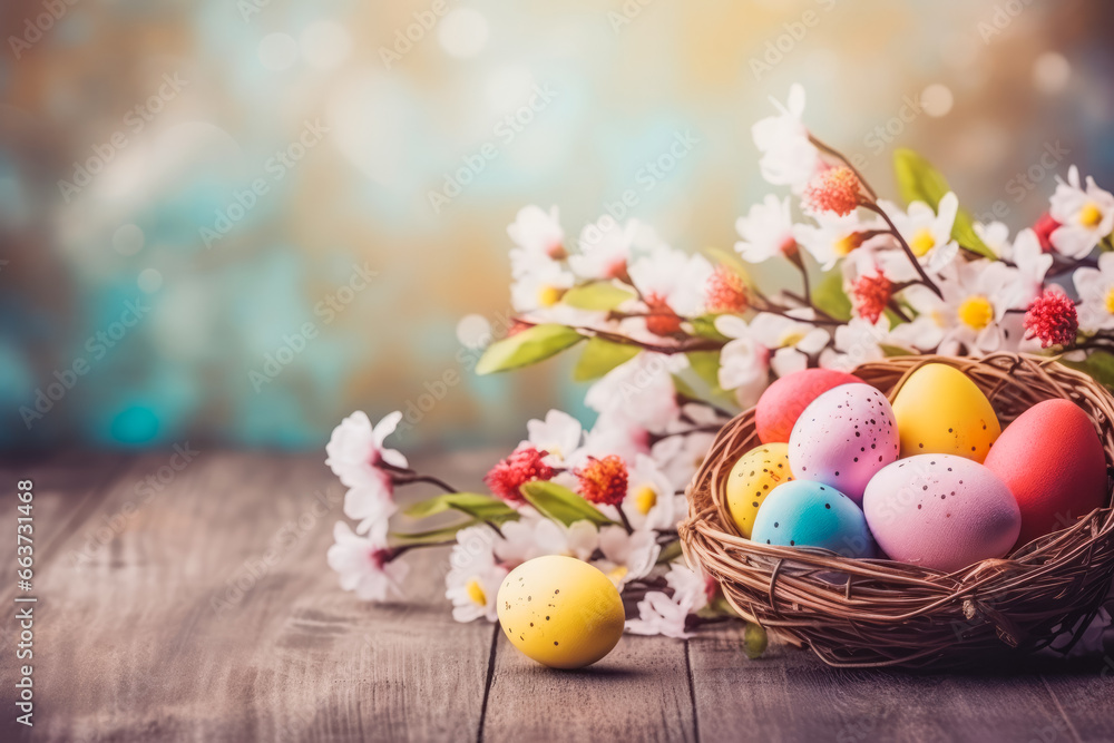 Obraz premium Happy easter. Celebratory easter background banner. Easter background with spring flowers and eggs. Celebrating easter holidays.