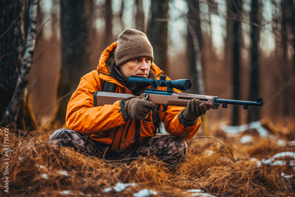 Fototapeta premium Hunter during hunting in forest. Hunter holding a rifle and aiming at deer. hunting expedition in the forest wearing brown jackets and reflective gear
