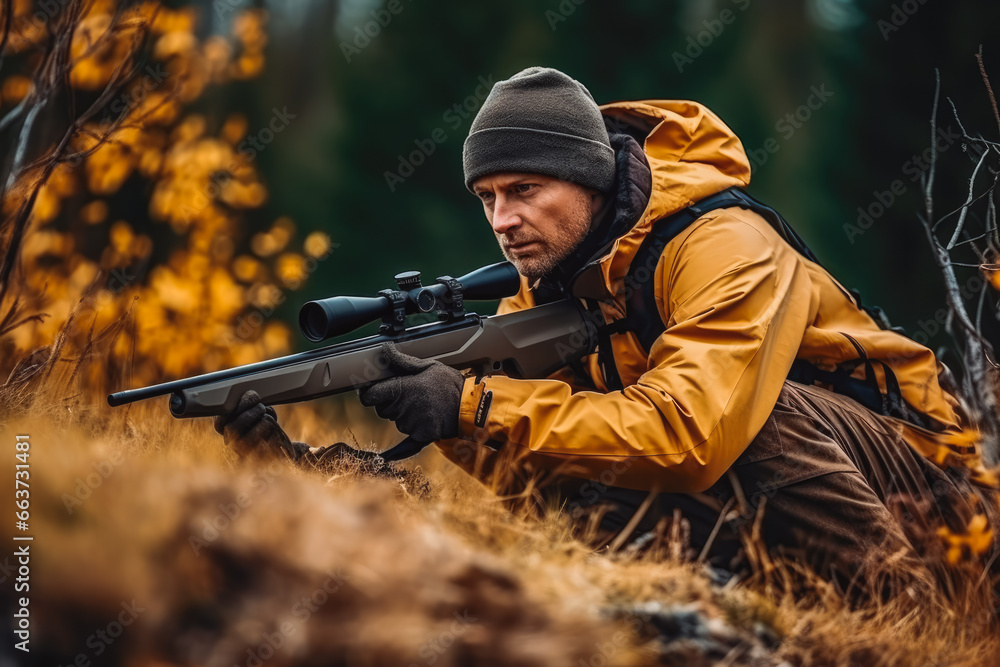 Hunter during hunting in forest. Hunter holding a rifle and aiming at deer. hunting expedition in the forest wearing brown jackets and reflective gear