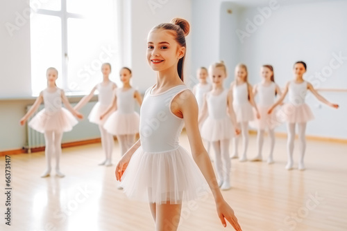 Group of little kids having a dance class. Group of adorable little girls in ballet dresses practicing ballet in a dance room.