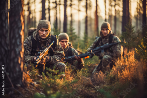 Fototapeta Group of hunters during hunting in forest