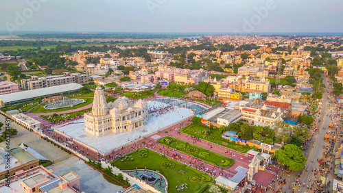 Prem Mandir aerial view from my dji mini 3pro drone, This Hindu temple in Vrindavan, Mathura, India. It is maintained by Jagadguru Kripalu Parishat,