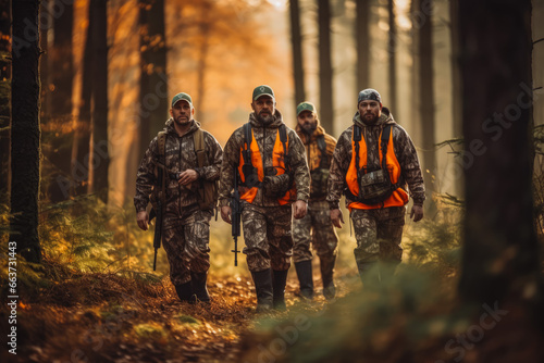 Group of hunters during hunting in forest. Group of men on a hunting expedition in the forest, wearing brown jackets and reflective gear.